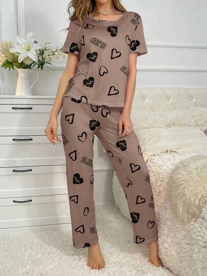 Heart Print Round Neck Short Sleeve Top Pants Pajama Set Bruin Sets Women Comfy Sleep Wear Pieces Lips Pj view 5