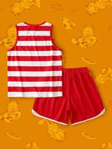 GARFIELD | SHEIN Tween Boy Cute Sports Casual Striped Pattern Round Neck Pocket Tank Top And Cartoon Graphic Shorts 2 Pieces Set, Summer