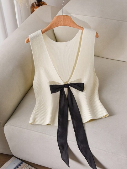 CosyJoli Plus Size Casual Backless Bow Tie Contrast Color Split Sweater Vest Tie Front Top Classy Top V Neck Vest Bow Top Elegant Top Classy Tops Sleeveless Top V Neck Knit Top