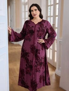 Al Najma 大码女式花卉印花V领长袖宽松阿拉伯风格长裙 - 駝色 - 查看 7