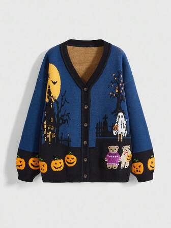Cardigan vintage e carino da donna con motivo a jacquard di zucche di Ognissanti, chiesa, cimitero e orsi