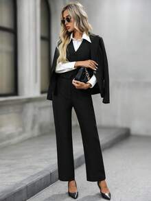 EMERY ROSE Bộ đồ vest, áo vest và quần dài đơn sắc cài khuy đơn giản dành cho nữ mùa thu đông - màu đen - Xem 8