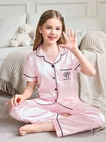 SHEIN 青少年女孩仿丝字母蝴蝶结提花开衫短袖上衣和裤子睡衣套装