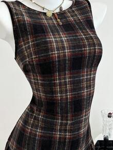 Elamini Vintage Collegiate Style Brushed Plaid Mini Dress - Multicolor - View 5