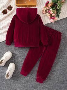 SHEIN Elladie kids Bộ 2 món đồ thể thao thoải mái tay dài có mũ trùm đầu cho bé gái, mùa thu - Màu Đỏ Sâu - Xem 2