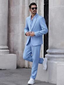 Manfinity Bizformal Men's Solid Color Business Commute Suit Set (Jacket & Pants) Light Blue Suit Men Men Summer Suits Casual Suits For Men Men Light Blue Blazer