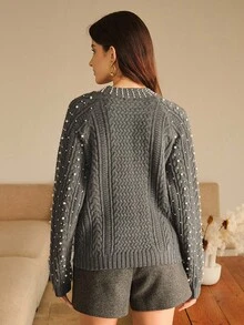 Anewsta 女士秋冬珍珠设计灰色毛衣，宽松针织套头衫，优雅冬日 - 灰色 - 查看 2