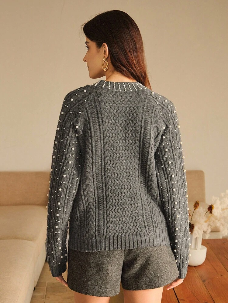 Women's Autumn/Winter Pearl Design Gray Sweater, Loose Knit Pullover, Elegant Winter