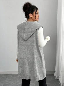 Elenzga 大码女式法式针织中长款连帽背心开衫，无袖针织毛衣外套，休闲宽松百搭通勤装，灰色无袖连帽开衫，带口袋 - 灰色 - 查看 2