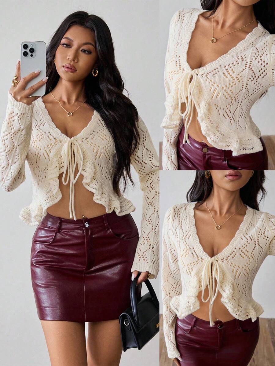 Chiquease Cárdigan corto de punto con flores, dobladillo con volantes y lazada, estilo de blogger - Albaricoque - Ver 1