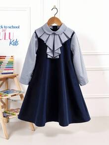 Young Girl Ruffled Plaid Print Elegant Long Sleeve Dress - Blue - View 3