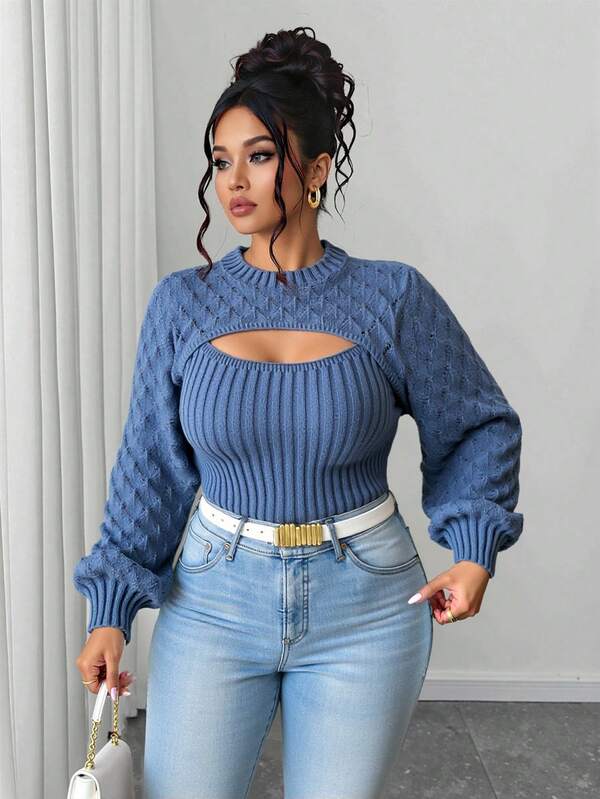 Elenzga Plus Size Women Autumn Round Neck Fitted Sexy Hollow Front Knitted Sweater, Willow Leaf Pattern, Regular Small Lantern Sleeve, Blue Pullover Fall Winter Cloth For Women