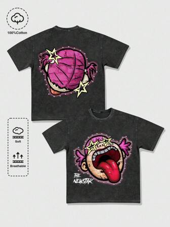 Street Life T-shirt col rond vintage délavé avec motif flocon de neige, pour hommes. Convient pour le port décontracté au quotidien, au printemps/été