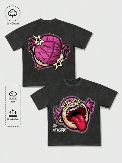 ROMWE MEN Street Life 男士高街复古做旧雪花圆领 T 恤，适合春夏季休闲日常穿着