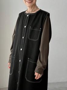 Chaqueta de mezclilla de longitud media con cuello redondo, botones delanteros y sin mangas, de moda para mujer - Negro - Ver 4