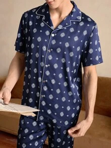 EverLounge Men's Summer Casual Allover Print Short Sleeve Top And Trousers Pajama Set - Multicolor - View 4