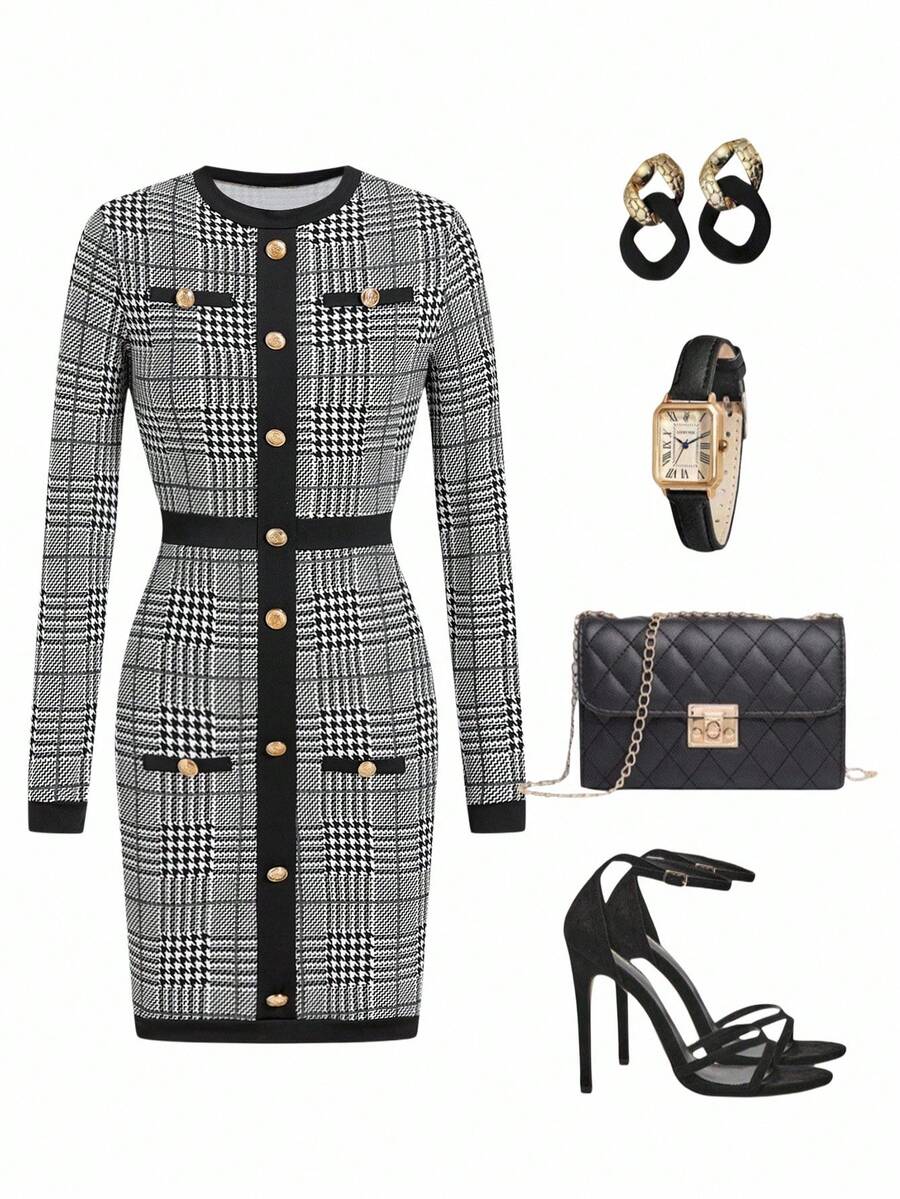 Ellevyn Váy ôm sát tay dài họa tiết kẻ caro thanh lịch dành cho nữ vào mùa đông, màu sắc tương phản, chi tiết nút, thích hợp mặc trong ngày lễ, trang phục công sở thường ngày cho nữ, trang phục giáo viên cho nữ, trang phục mùa thu cho nữ - Đen và trắng - Xem 1