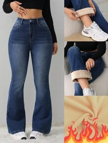 SHEIN Tall CURVE 大码秋冬万圣节圣诞节国庆街头风2000年代优雅生日夜店外出商务休闲女装乡村复古低调老钱商务休闲女装工作保暖内衬牛仔裤纯色口袋修身喇叭裤蓝色牛仔裤女大码深色水洗喇叭牛仔裤高腰喇叭裤适合曲线身材修身 - 藍色 - 查看 8