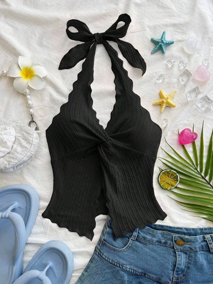 Soleia 时尚性感吊带系带扭褶下摆露背吊带背心 - 黑色 - 查看 1