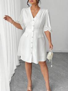 Elenzga Robe élégante pour femmes grandes tailles avec boutons, nœud et patchwork en dentelle - Blanc - Voir 3