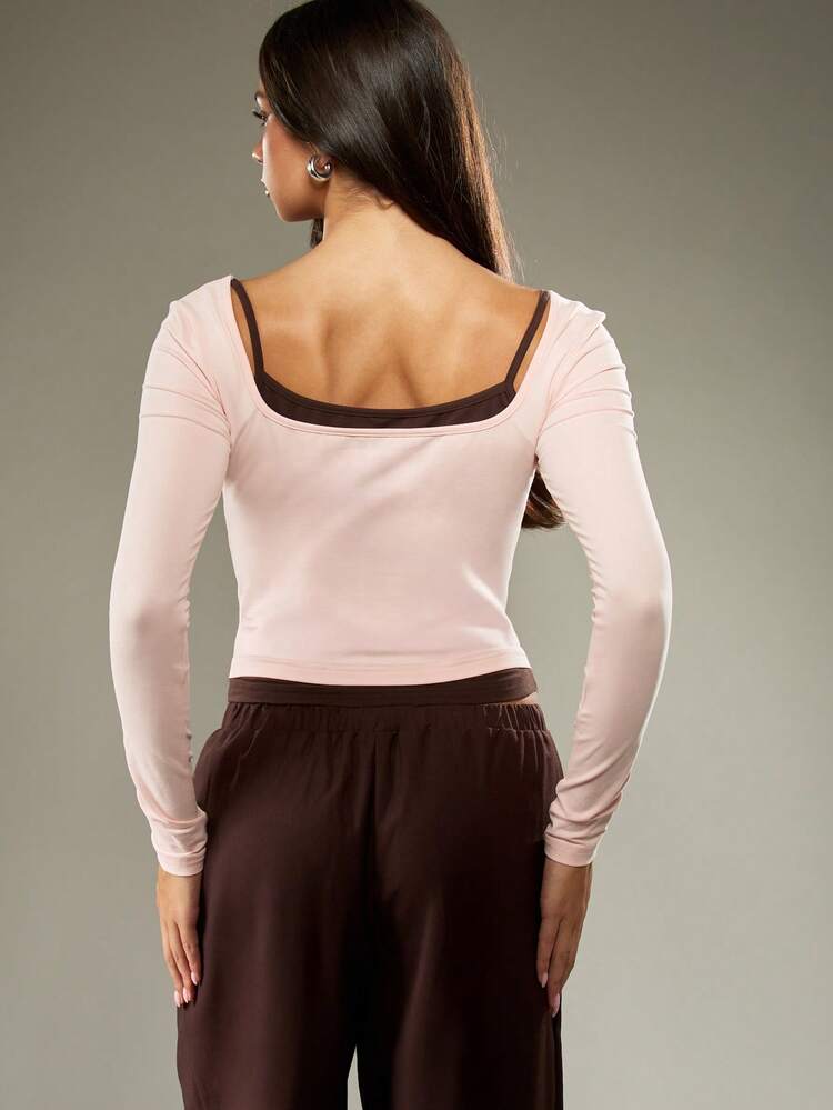 MISSGUIDED Top court à double couche MSGD, manches longues, col carré, rose et marron avec bordure contrastée, mode Y2K, décontracté, basique, couche de base pour l'automne et l'hiver