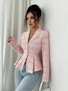 Elenzga Autumn/Winter New Knitted Elastic Chic Fashion Elegant Cinched Waist Design Shoulder Long Sleeve Women Plaid Jacket Fall Cloth For Women - Multicolor - View 6