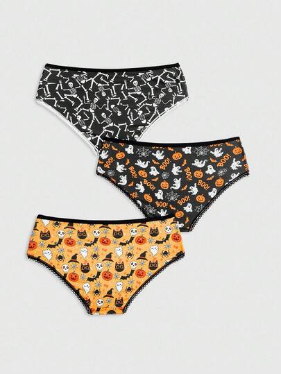 Kawaii 3pcs Halloween Dark Pumpkin, Ghost, Skeleton, Black Cat, Bat, Spider Web Print Comfortable Panties For Women