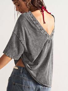 Bohemela Áo thun nữ tay ngắn dệt kim màu trơn rộng rãi, giặt thoải mái - Xám - Xem 5