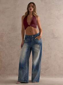 Glamine Reddish Brown Sexy Ruched V-Neck Backless Top, Concert Star, Streetwear Glam, Club Night Edit, Date Night Must-Have, Autumn Favorite, Festival Glow, Y2K Statement, Elevated Elegance - Redwood - View 4