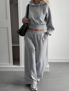 Livesso Women's Casual Hooded Top And Wide-Leg Pants 2 Pieces Set, Autumn Tracksuits Women Set - Grey - View 3