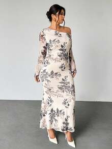 Firerie Plus Size Elegant Vacation/Party Ruched Open Shoulder Elastic Mesh Floral Print Fishtail Long Sleeve Dress For Women, Spring/Autumn - Multicolor - View 5