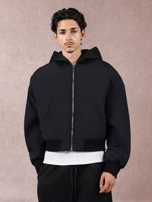 SUMWON 短款连帽飞行员夹克前拉链宽松冬季秋季街头风格休闲外套时尚个性单品都市设计日常穿着 - 黑色 - 查看 1