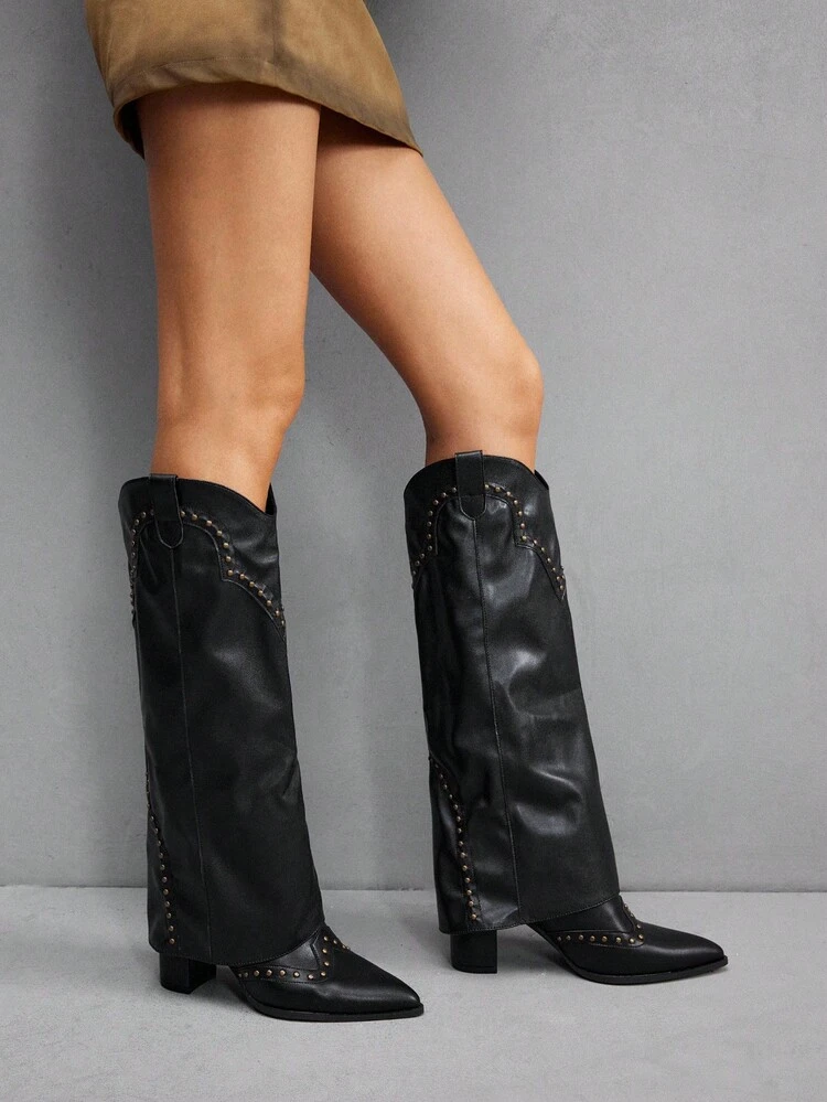 CUCCOO SZL Cuccoo Pointed Toe Thigh High Chunky Heel Tall Boots, Sexy Riding Boots For Women