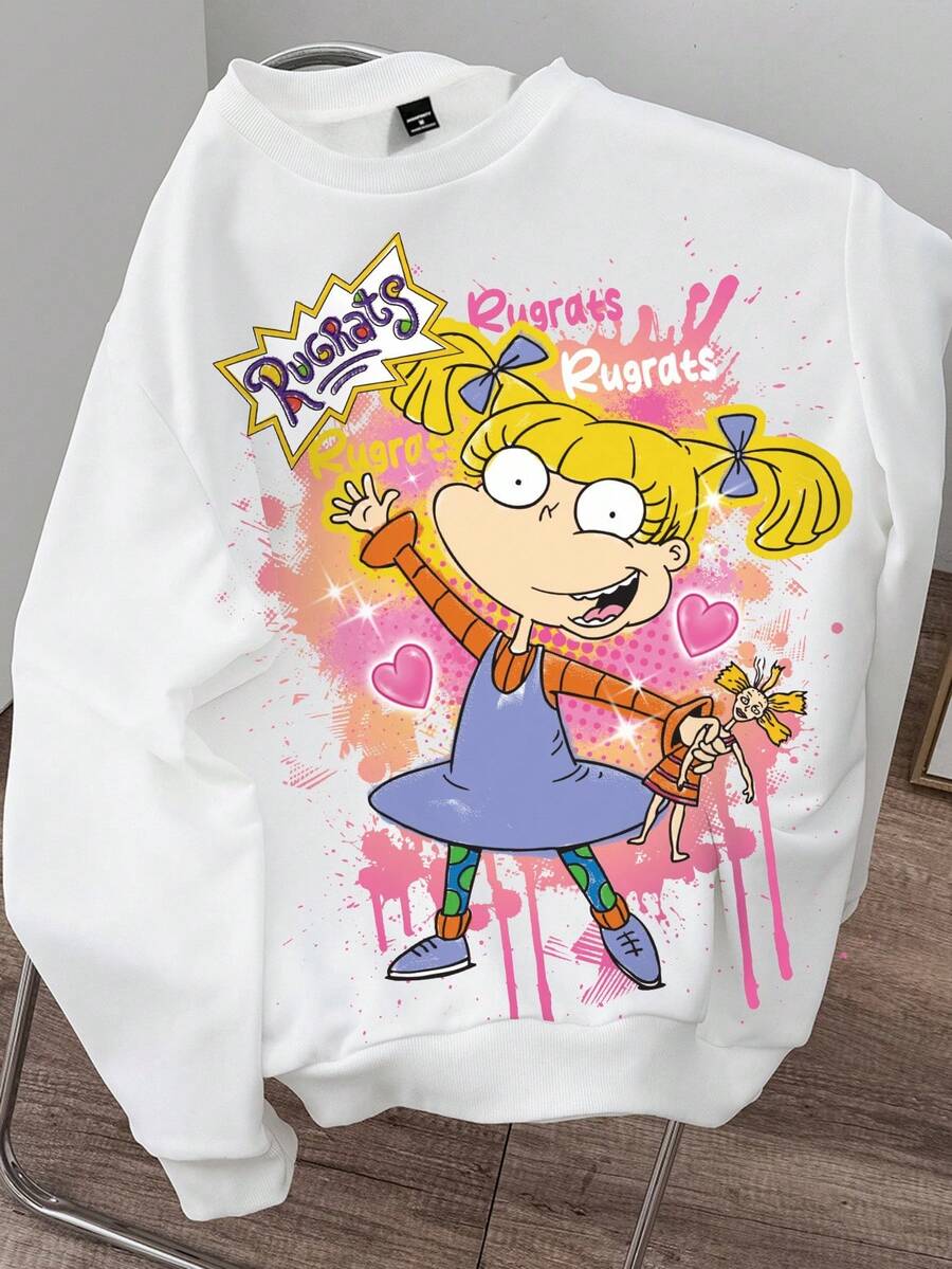 Nick 90s | SHEIN 女式卡通人物图案圆领长袖套头衫 - 白色 - 查看 1