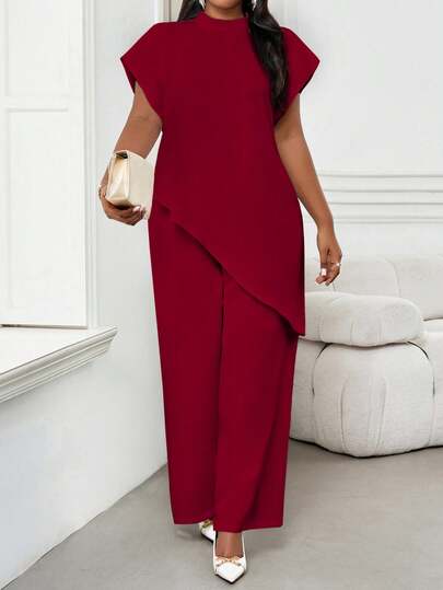 SHEIN Lady 2025 Nya Plus Size Dam Enfärgad Claret Metallisk Rund Hals Lös Asymmetrisk Fåll Elegant Claret Blus, Alla hjärtans dag Nyårsfest Gå Ut