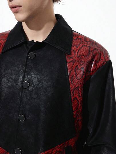 Goth Men's Patchwork Fashion Long Sleeve Vampire Style PU Leather Jacket, Fall Winter
