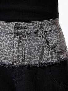 ROMWE MEN Grunge Punk Men's Leopard Print Patchwork Wide Leg Loose Fit Jeans - Black - View 2
