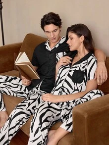 EverLounge Conjunto de pijama de pantalón y camisa de manga corta con cuello para hombre - Blanco y Negro - Ver 5