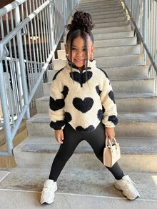 Set de 2 piezas de sudadera con capucha con cremallera y leggings reversibles con estampado de corazón para niñas, ropa casual para otoño/invierno