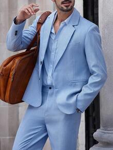 Manfinity Bizformal Men's Solid Color Business Commute Suit Set (Jacket & Pants) Light Blue Suit Men Men Summer Suits Casual Suits For Men Men Light Blue Blazer