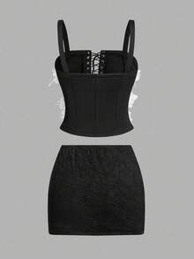 BamGleam 女士 3D 花朵绑带镂空吊带背心和迷你裙性感套装 - 黑色 - 查看 2