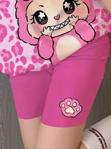 SHEIN Leap Crew 2pcs Tween Girls Casual Minimalist Pink Leopard Print & Cute Cartoon Graphic Short Sleeve T-Shirt And Shorts Set, Suitable For Summer Kawaii Clothes For Kids Cartoon Pattern Girls Set Pink Girls Outfit - Multicolor - View 6