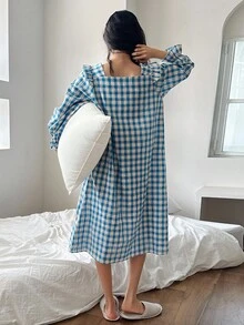 DAZY 可爱格子荷叶边方领长款女式睡袍，秋季睡衣 - 藍色 - 查看 2