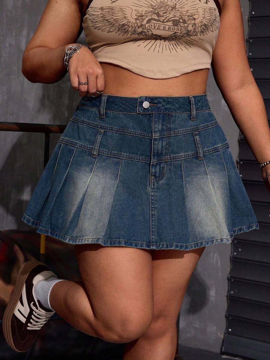 SHEIN CURVE+ Plus Size Summer Casual Washed Pleated Denim Skirt - Blue - View 1