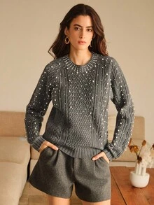 Anewsta 女士秋冬珍珠设计灰色毛衣，宽松针织套头衫，优雅冬日 - 灰色 - 查看 6