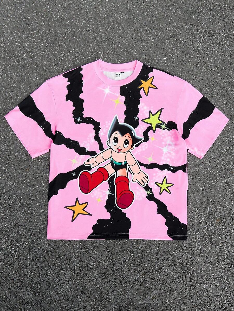 Astro Boy X SHEIN Men's Casual Cartoon Pattern Round Neck Short Sleeve T-Shirt, Summer, 2000s Style - Pink - View 1