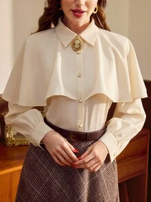 Vintamour 女士复古优雅胸针披肩翻领长袖纽扣休闲度假衬衫，秋冬圣诞节优雅衬衫 - 米色 - 查看 1