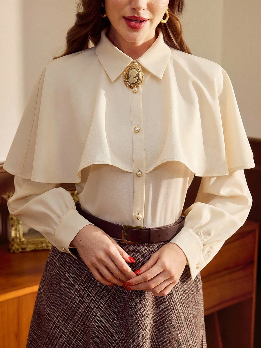 Vintamour 女士复古优雅胸针披肩翻领长袖纽扣休闲度假衬衫，秋冬圣诞节优雅衬衫 - 米色 - 查看 1