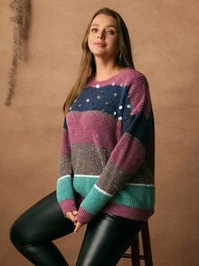 EMERY ROSE Plus Size Women's Colorful Bamboo Slice Casual Pullover Sequin  Sweater With Dropped Shoulders, Women's Winter Sweater - Multicolor - View 1