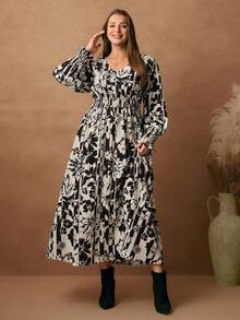 Rosumi 大码花卉印花褶皱休闲长袖连衣裙 - 彩色 - 查看 6